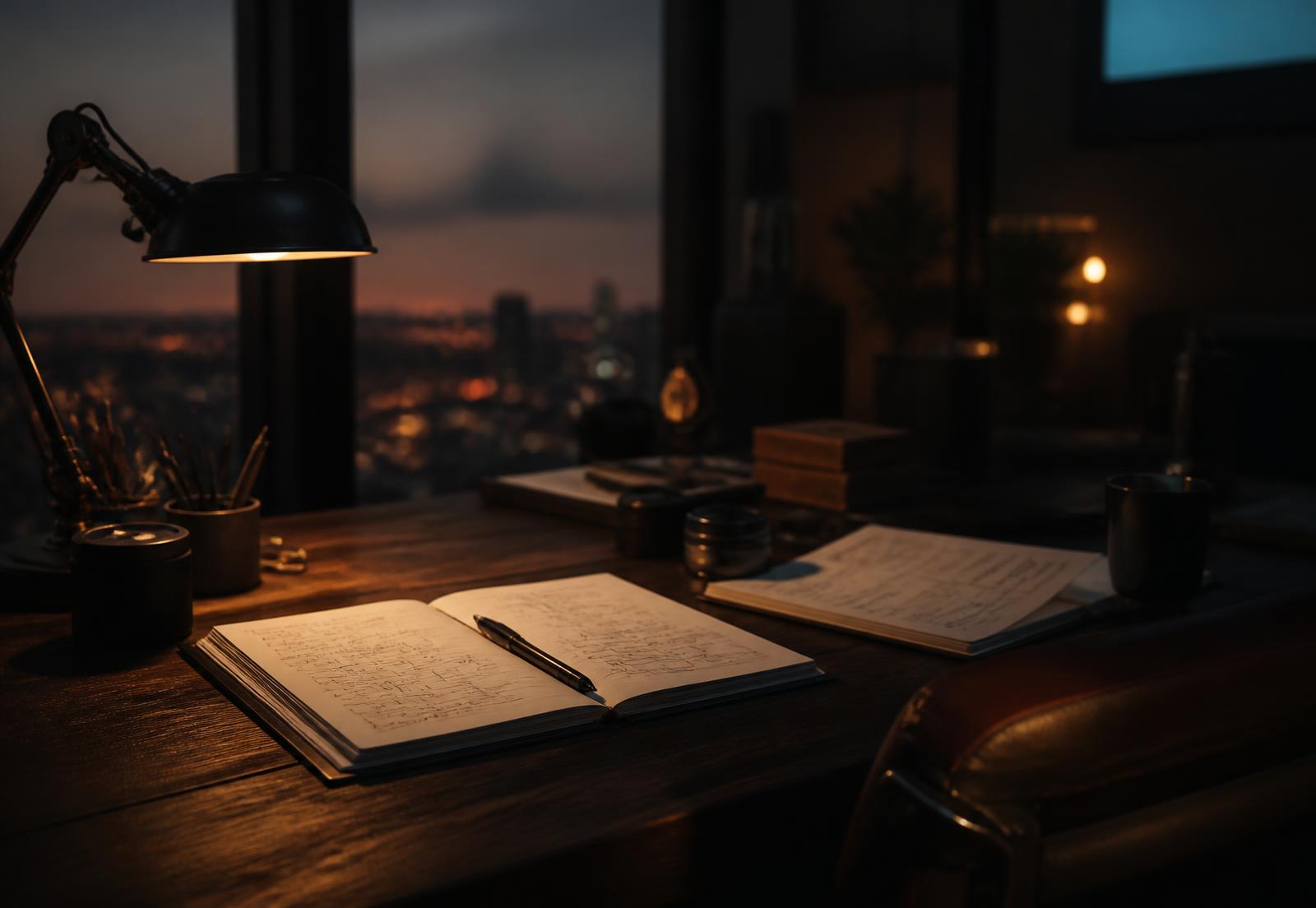 A dim desk at dusk with an open notebook of system diagrams under a warm lamp