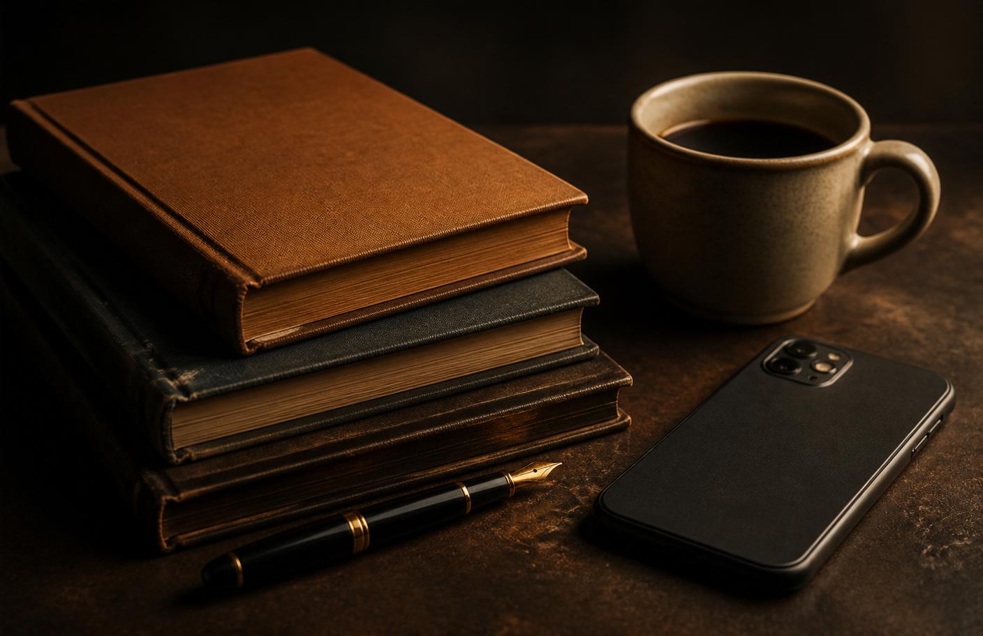 Stacked manuals, a fountain pen and a coffee cup lit warmly on a dark surface